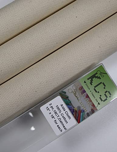 Image of KCS 3 pc of 15 inch x 18 inch Counted Cross Stitch Cotton Aida Cloth Needlework Rolled Fabric Box,18CT,Oatmeal
