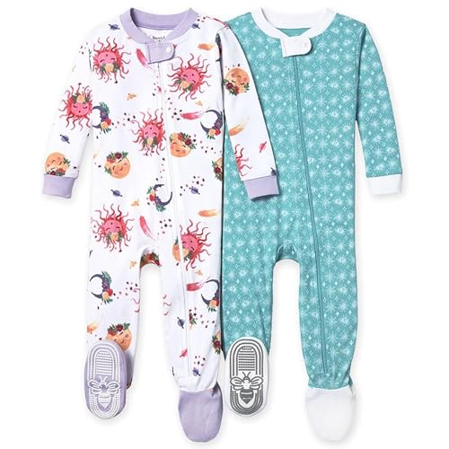 Image of Burt's Bees Baby Baby Girls Sleeper Pajamas, 100% Organic Cotton, One-piece PJs, Diagonal Zip Up Jumpsuit, Snug Fit Footie