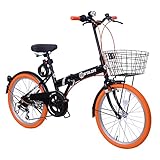 折りたたみ自転車 折り畳み自転車 20インチ シマノ６段変速 カゴ付 ワイヤ錠・ライトのプレゼント付き 前後泥除け装備 ハンドルの高さ調節できる 小径車 ミニベロ (ブラック＆オレンジ)