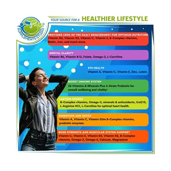 Supplements-Studio-Daily-Vegan-Whole-Food-Multivitamin-Plus-for-Men-Women-with-Iron-Organic-Fruits-and-Vegetables-B-Complex-Probiotics-Enzymes-CoQ10-Omegas-Turmeric-All-Natural-Non-GMO Vegan Whole Food Multivitamin with Iron, Daily Multivitamin for Women and Men, Made with Fruits & Vegetables, B-Complex, Probiotics, Enzymes, CoQ10, Omegas, Turmeric, Non-GMO, 90 Count