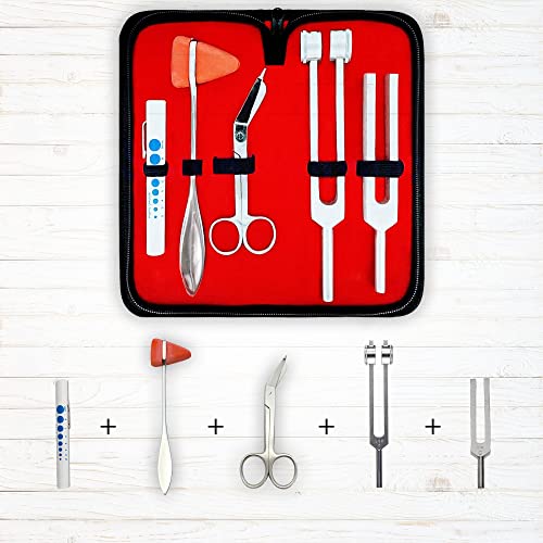Image of Diagnostics Kit - Percussion Taylor Reflex Hammer + C 128 & C 512 Tuning Forks + Bandage Scissors + Pupil Gauge Pen Light in Carrying Case - 6 Pieces Set - Silver