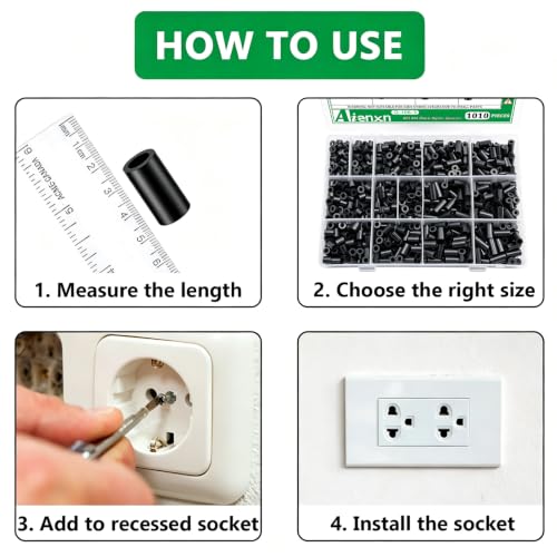 Image of 1010PCS Black Nylon Spacers Kit, 14 Sizes- 3mm,5mm,6mm,8mm,10mm,12mm,15mm Length for M3 M4 Screws, Non-Threaded Round Plastic Spacers Suitable for Switch & Receptacle Screws