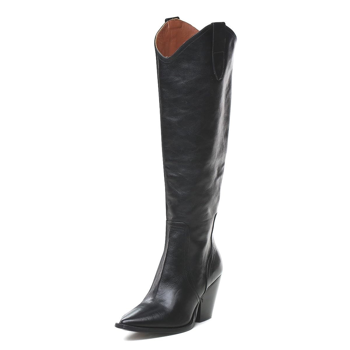 XYD Women Block Chunky Heel Cowboy Boot Knee High Pointed Toe Side Zip Festival Weekend Dress Bootie Shoes