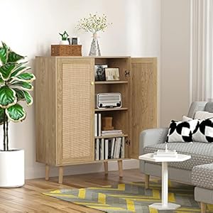 Anmytek rattan cabinet 44 h tall sideboard storage cabinet with crafted rattan front entryway shoe cabinet wood 2 door accent cabinet with adjustable shelves rustic oak h0030  urban country home decor