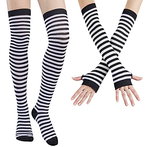 DRESHOW Womens Socks Striped Knee High Socks Arm Warmer Fingerless Gloves Set DRESHOW Womens Socks Striped Knee High Socks Arm Warmer Fingerless Gloves Set