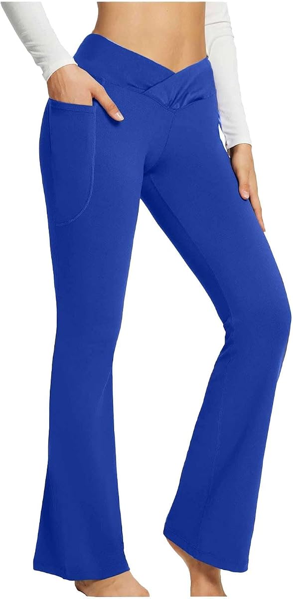 Lolvmvchi Pantalones de yoga acampanados con bolsillos para mujer, pierna ancha, cintura alta, control de barriga, pantalones de yoga elásticos, cómodos y suaves
