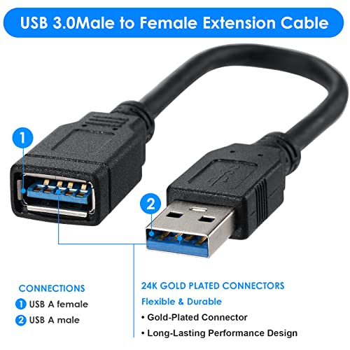 Image of USB 3.0 USB Male A to Female A High Speed Standard USB Extension Cable - Extender to USB Hub,Black 8 Inch