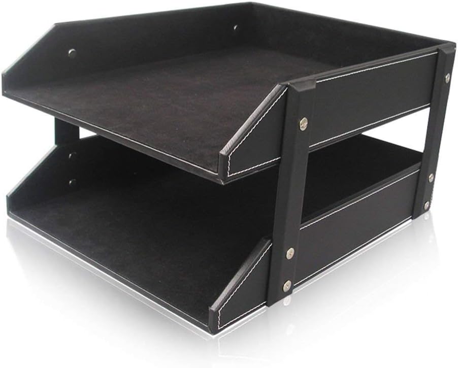 Heatleper 2 Tier Leather Document Tray Holder, Paper Organizer Tray A4 File Folder Rack Paper Document Magazine Holder Desk Organizer for Office School Home (Black)