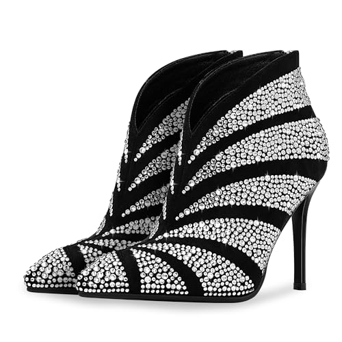 Women's Rhinestone Pointed Toe Stiletto High Heel Ankle Boots Suede Dress Booties3