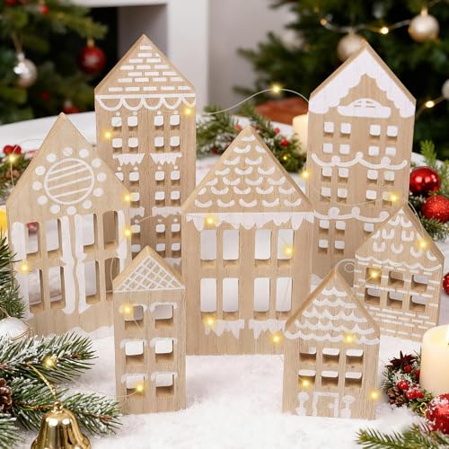 KIKVTER Ornamentos de Natal de madeira, 7 peças casas natalícias, casa de Natal para decorar, casas de Natal com luzes LED, decoração de Natal de casa, decoração de Natal mesa, ornamentos de inverno