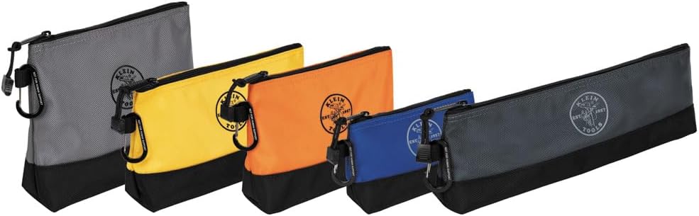 Klein Tools 55569 5-Pack Stand-Up Zipper Tool Pouches with Carabiners - Water-Resistant 1680d, Reinforced Gusseted Bottoms for Easy Access