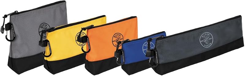Klein Tools 55569 Bolsa de herramientas con cremallera y mosquetones, parte inferior reforzada, resistente al agua 1680d, varios tamaños, paquete de 5