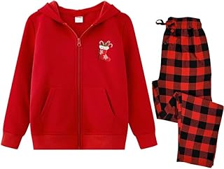 طقم بيجامة عطلة الكريسماس، هودي بسحاب احمر مع تصميم جورب وسروال فلانيل منقوش، مقاس شتوي (L)