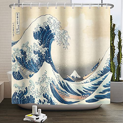 SDOTPMT 72x96inch Japanese Ocean Waves Shower Curtain Abstract Sea Wave Wooden Boat Bath Curtain Ukiyo-e Theme Fuji Mountain Bathtub Curtain for Bathroom Decor Fabric Polyester with Hooks - Image 3