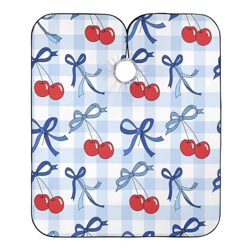 Capa para corte de cabello Bright Bows Cherry Grid impermeable profesional para barbería con cierre ajustable de botón a presión para estilismo y peluquería miniatura 2