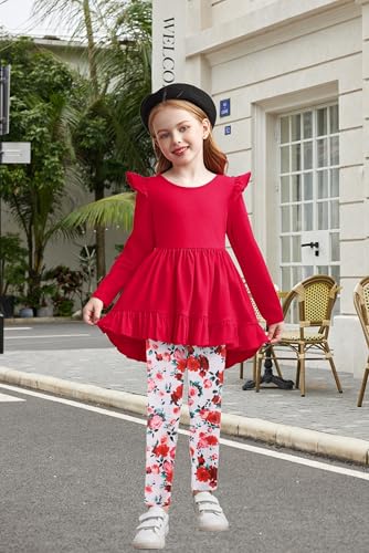 Image of Arshiner Toddler Girl Clothes Ruffle Trim Long Sleeve Pullover Top and Floral Print Leggings Fall Outfits Kids Clothing Sets
