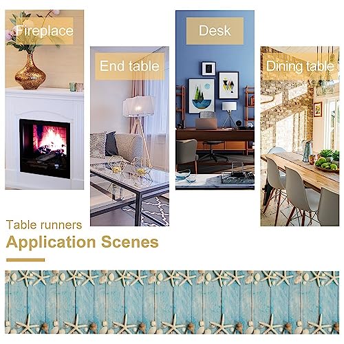 Image of Summer Beach Table Runner Dresser Scarves Beach Theme Cotton Linen Seashells Starfish Blue Rustic Wood Table Setting Decor for Wedding Party Holiday Dinner Home 13x120 inch