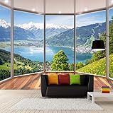 Fototapete 3D Effekt Tapete Fototapeten Vliestapete Wandtapete Moderne Wandbild Wand Schlafzimmer Wohnzimmer 3D Balkon Blick Auf Die Berge,350x245cm