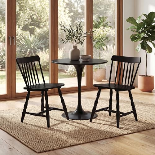 Image of COSTWAY Windsor Chairs Set of 2, Armless Solid Wood Dining Chairs with Spindle Backs, Mid-Century Modern Kitchen Side Chair for Dining Room, Kitchen, Small Space (Black)