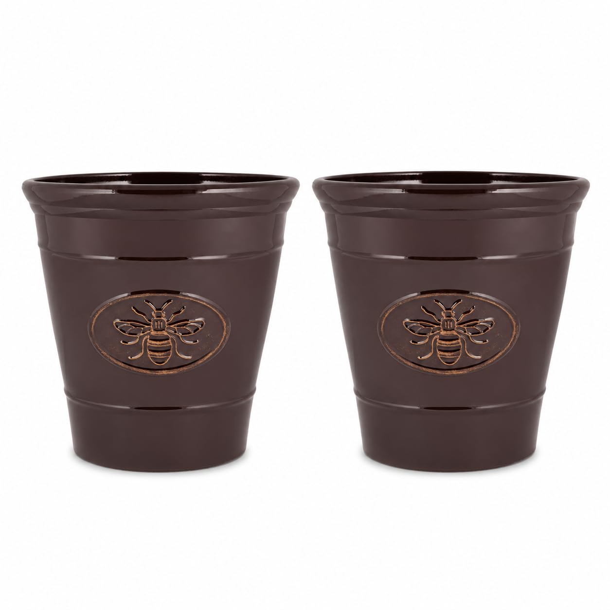 PACK OF 2 Decorative Bee Garden Planter – Gloss Finish Outdoor Plastic Plant Pot for Flowers, Herbs, Shrubs & Small Trees, Frost Proof, Weather Resistant with Drainage Hole, Brown, 6 Litre