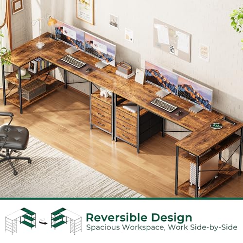 Huuger L Shaped Office Desk with Power Outlets, 55 Inch Computer Desk with 3 Drawers, Shelves, Reverisble for Gaming Corner Work Home Office Study, Rustic Brown