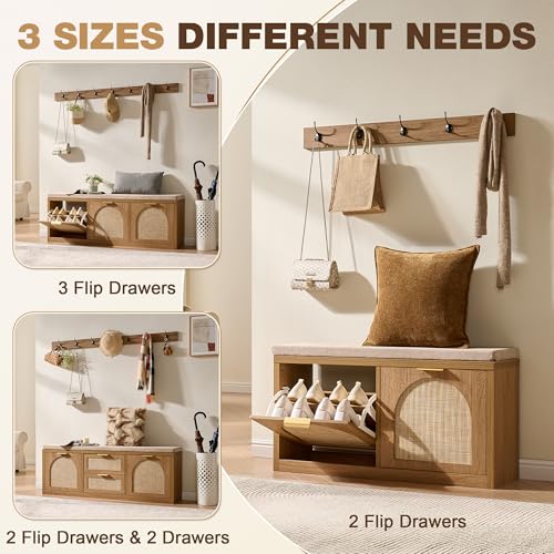 Rattan-Narrow-Entryway-Bench-with-Shoe-Storage-2-Flip-Drawers-Coat-Rack-Mid-Century-Modern-Wood-Shoe-Cabinet-with-Seat-Cushion-for-FoyerHallway-Rustic-Oak-Rattan