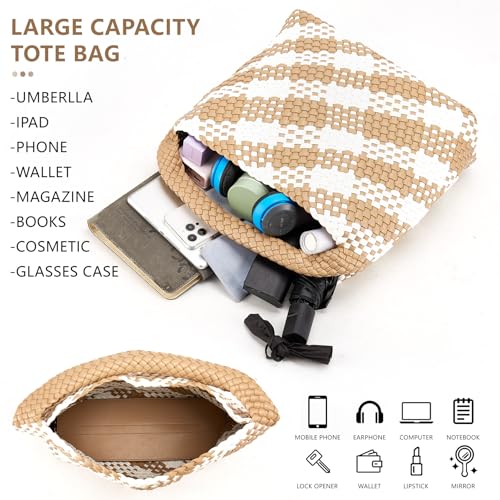 Image of Woven Tote Bag for Women, Fashion Woven Bags for Women Vegan Leather Shoulder Handbags Large Summer Beach Travel Bag