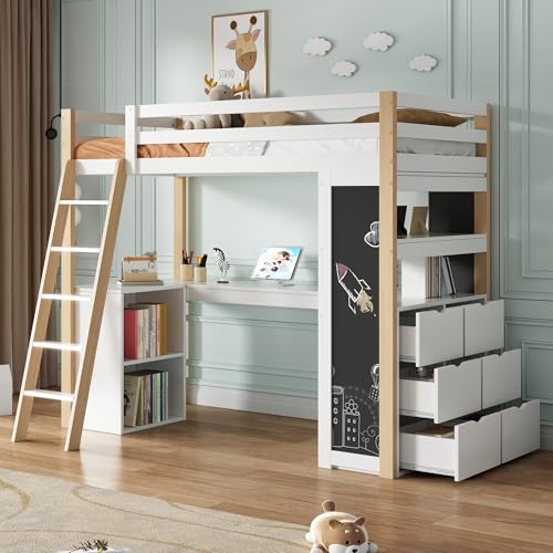 Cama Alta de 90x200 cm con Escalera Escritorio Compartimento de Almacenamiento Cama Individual con cajón Pizarra estantería litera somier de láminas de Madera Cama de Invitados Color Blanco+Madera