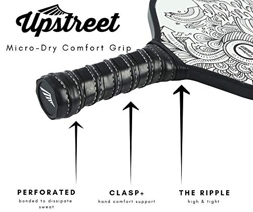 Upstreet Graphite Pickleball Paddle - Polypro Honeycomb Composite Core - Paddles Include Racket Cover (White with Black Drawings)