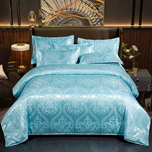 Jacquard Duvet Cover Queen Bedding Set Comforter Cover Elegant Paisley Lake Blue Bedding Set Damask Duvet Cover 3 Piece Satin Bedding Set Duvet Cover Set Pillowcases.(Lake Blue, Queen) #TOP7
