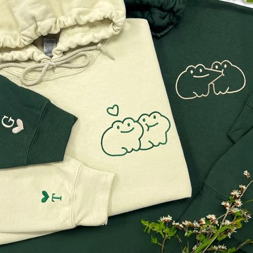 Custom Embroidered Frog Couple Matching Hoodies and Sweatshirts, Personalized 1st Anniversary and Valentine’s Day Gifts, Custom Couples Shirts, Anniversary Hoodie for Couples2