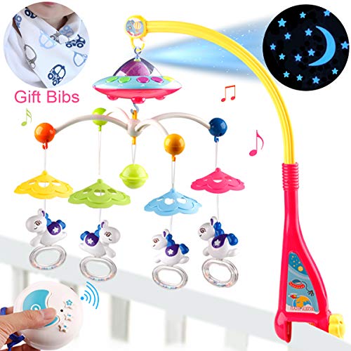 BOBXIN Baby Musical Crib Mobile with Projector,Light and 108 Melodies Music Box,Remote Control and Hanging Rattles Rotating,Gift for Newborn(with Bibs)