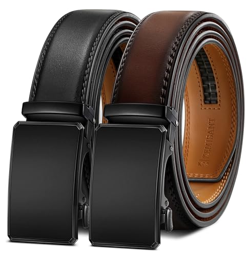 Image of KEMISANT Men Belt 2 Pack, Leather Ratchet Belt Easy Click Slide For Men 1 3 /8 inch,Cut for Fit