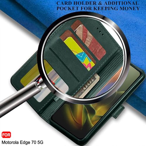 Image of TheGiftKart Flip Cover Back Case for Motorola Moto Edge 70 5G | Genuine Leather Finish | Designer Button | Inbuilt Pockets & Stand | Wallet Style Flip Case Cover for Moto Edge 70 (Faux Leather, Green)