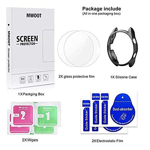 MWOOT Compatible con Samsung Galaxy Watch 3 45MM Protectores Cristal Templado [2 Unidades] y Funda Silicona Negro, 9H Dureza Protector Pantalla para Proteccion de Galaxy Watch3 SM-R840/R845