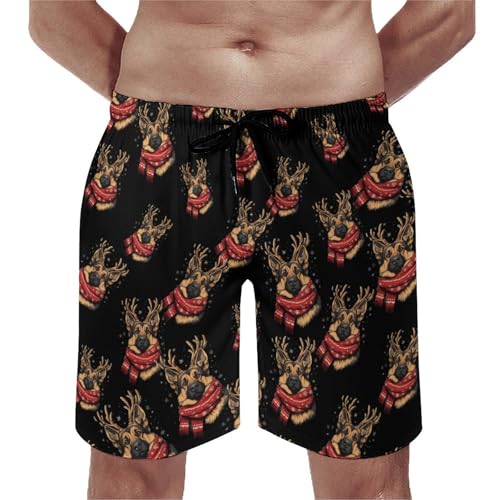 German Shepherd Deer Horns Dog Mens Swim Trunks Quick Dry Beach Swimming Shorts with Mesh Lining and Pockets