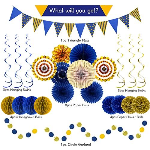 Image of Blue Gold Party Decorations, Graduation Season Hanging Glitter Triangle Flags Banner Paper Fan Tissue Pom Poms Garlands, Boy Men Party, Bridal Shower, Navy Blue Themed Birthday
