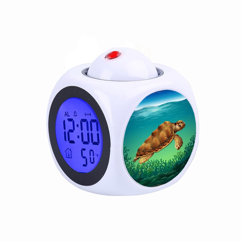 Réveil numérique à projection pour enfants avec thermomètre de température et affichage de l'heure, de la date, horloge de table d'une tortue de mer