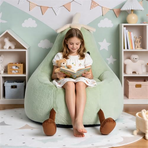 Image of 24 Inches Memory Foam Bean Bag Chair - Ultra Soft Faux Rabbit Fur Round Sofa with Handle & Machine Washable Cover, Comfy Lazy Chair for Kids Teens, Perfect for Reading Gaming in Living Room,Green