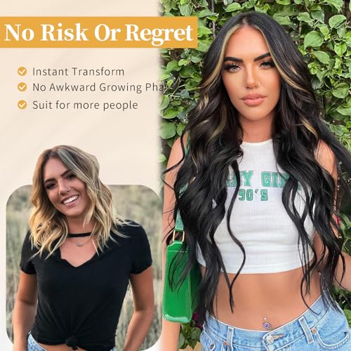 Image of AISI HAIR Long Wavy Dark Brown with Blonde Highlight Lace Hairline Wigs for Women，Middle Part Synthetic Heat Resistant Wig for Daily Party-26 Inch