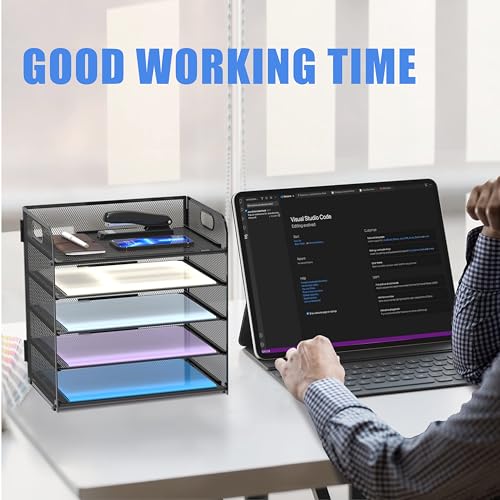 Image of Supeasy 2 Pack 5-Tier Desk Organizer with Handle Mesh Desk File /Paper Organizer Letter Tray for Office, School, Classroom and Home Easy Installation, Black