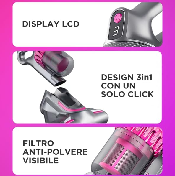Aspirapolvere Senza Fili 4in1 Potenza 120W Batteria Ricaricabile 2000mAh Scopa Elettrica Portatile, Display LCD, Capacità Serbatoio 280ml