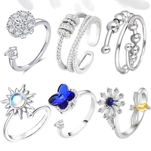 6Pcs Anillo Antiestres Mujer de Plata con Cuentas Giratorias para Aliviar el Estrés, Anillos Antiestres Giratorios Ajustables, Regalos Ideal para Mujeres Niñas Hombre
