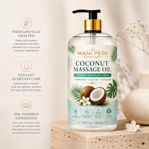 Image of TMPE Coconut Massage Oil for Body Massage, Lightweight Moisturizing Body Oil, Spa Massage Oil for Dry Skin, Relaxing Routine and Daily Body Care-300ml