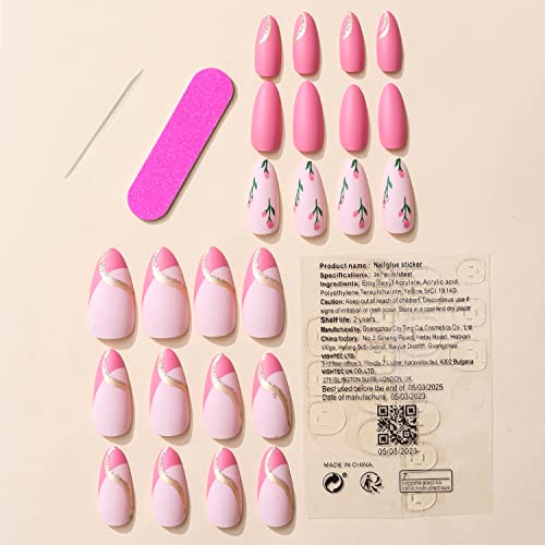 Almond Press On Nails Medium Glossy Matte Pink False Nails Summer Artificial Gold Line Tulip Design Fake Nails For Women Acrylic Stick On Nail With Adhesive Tabs 24 Pcs #TOP2