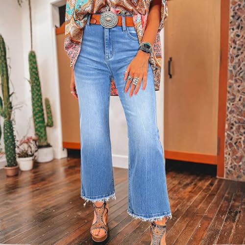 Flare Jeans for Women High Waist Baggy Raw Hem Wide Leg Cropped Jeans Mom Jean Stretch Ankle Denim Pants with Pockets3