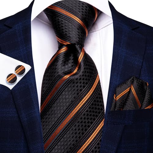 Image of Hi-Tie Silk Ties for Men Plaid Paisley Striped Necktie Pocket Square Cufflinks Set Formal Business