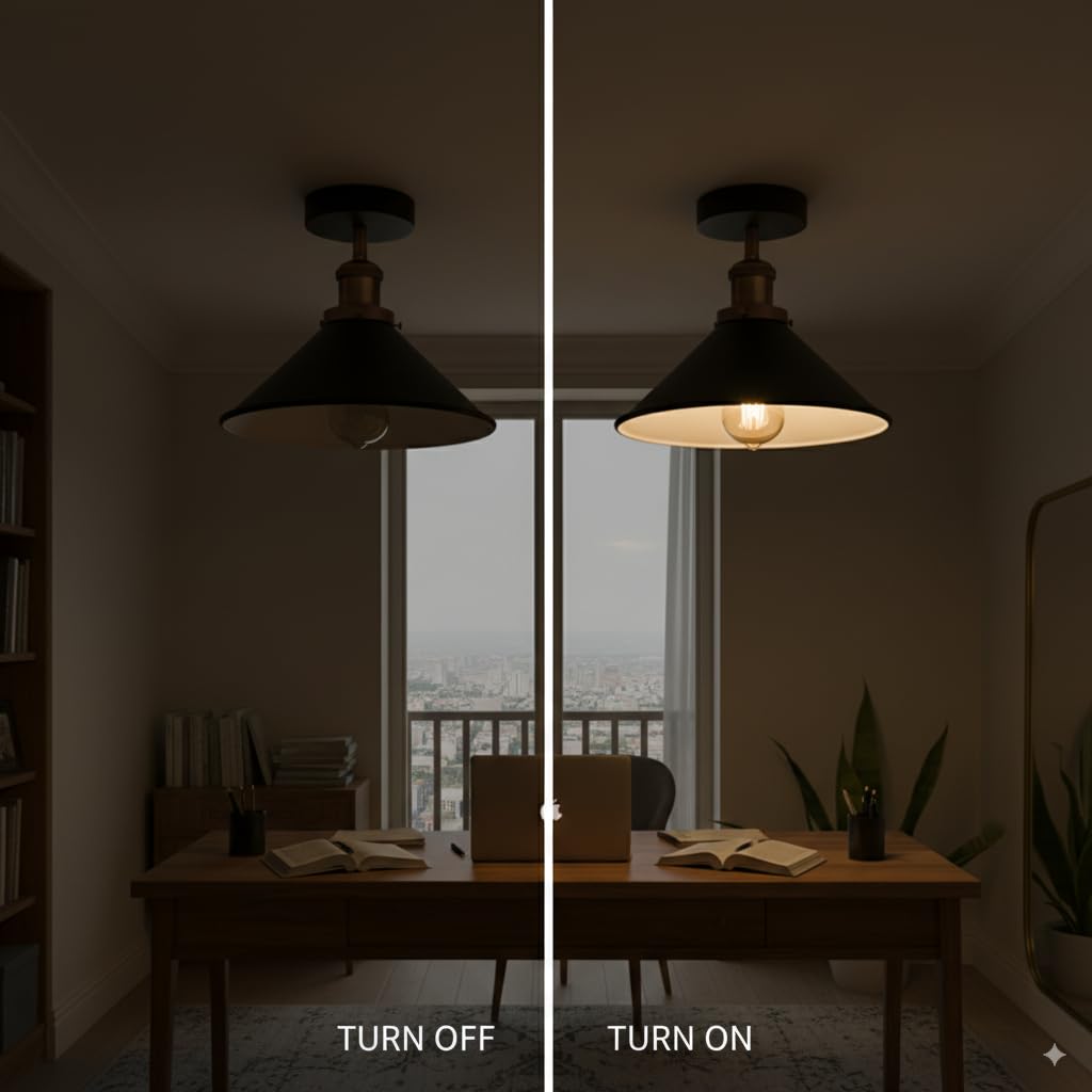 DC VOLTAGE 2 Pack Vintage Flush Mount Ceiling Lamp E27 Ceiling Light Fixture Easy Fit Rust Free Long Lasting Metal 22cm Black Inner White Cone Shade Living Room Hallway Lighting Without Bulb - Image 4