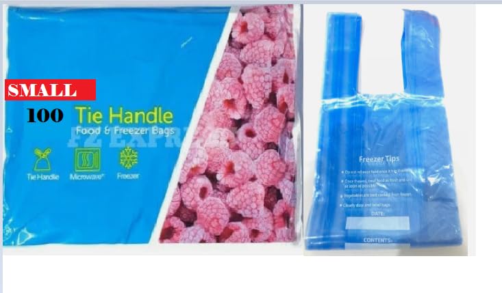 Food Storage Bags with Tie Handle, Freezer Safe (100, Blue, Small)