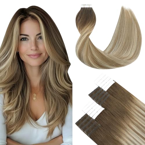 SURNEL Extensiones de pelo natural en color marrón, balayage rubio, 45 cm, color marrón, degradado, rubio degradado, sin costuras, 20 unidades, 50 g, #3/8/22 (cinta #3/8/22-45 cm)